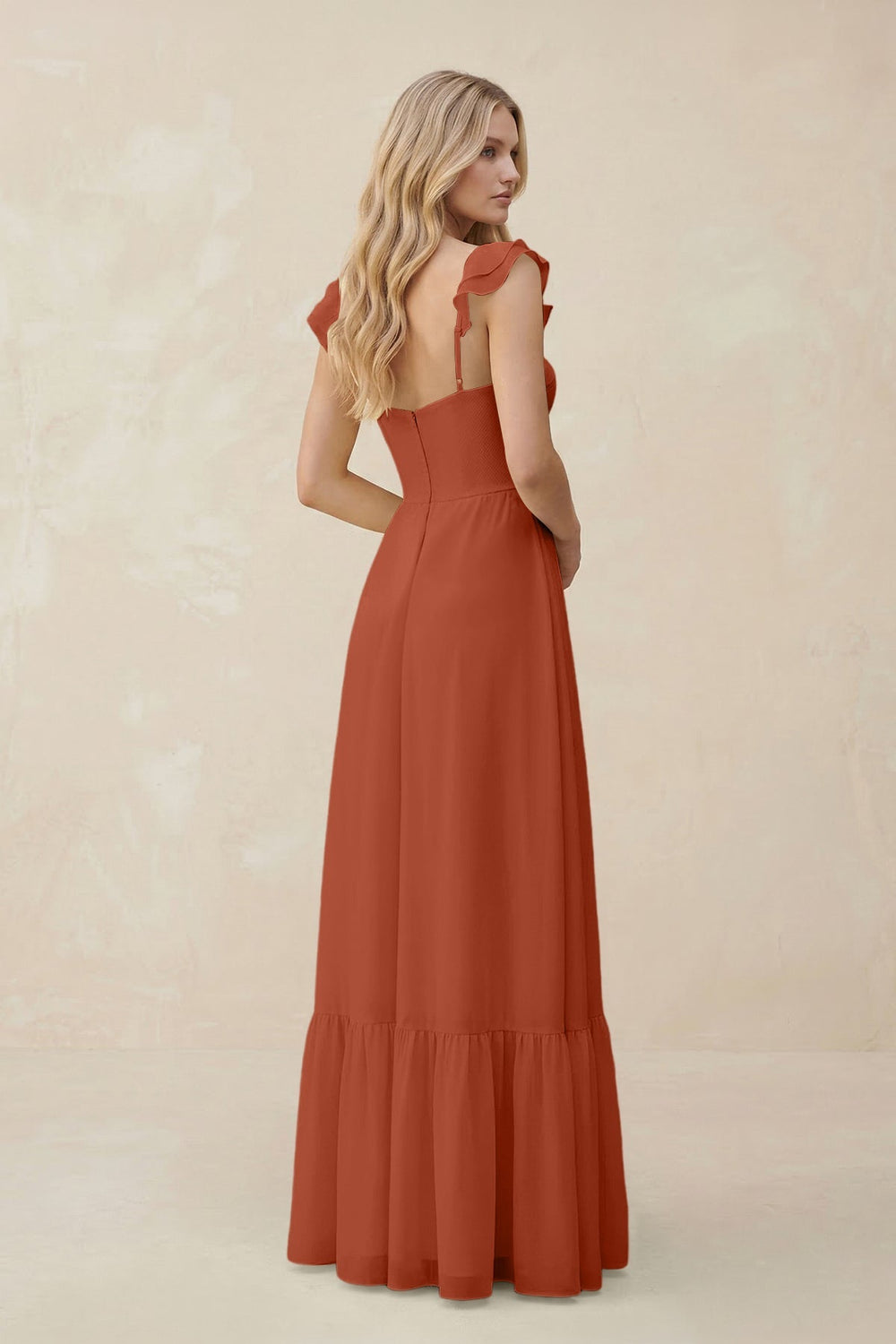 Sweetheart Ruffled Sleeve A - Line Chiffon Bridesmaid Dress in Spice - KISS BRIDAL Bridesmaid Dresses