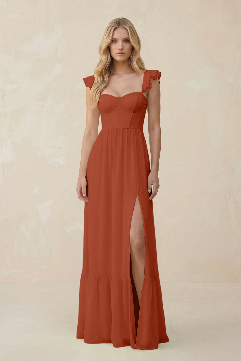 Sweetheart Ruffled Sleeve A - Line Chiffon Bridesmaid Dress in Spice - KISS BRIDAL Bridesmaid Dresses