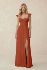 Sweetheart Ruffled Sleeve A - Line Chiffon Bridesmaid Dress in Spice - KISS BRIDAL Bridesmaid Dresses