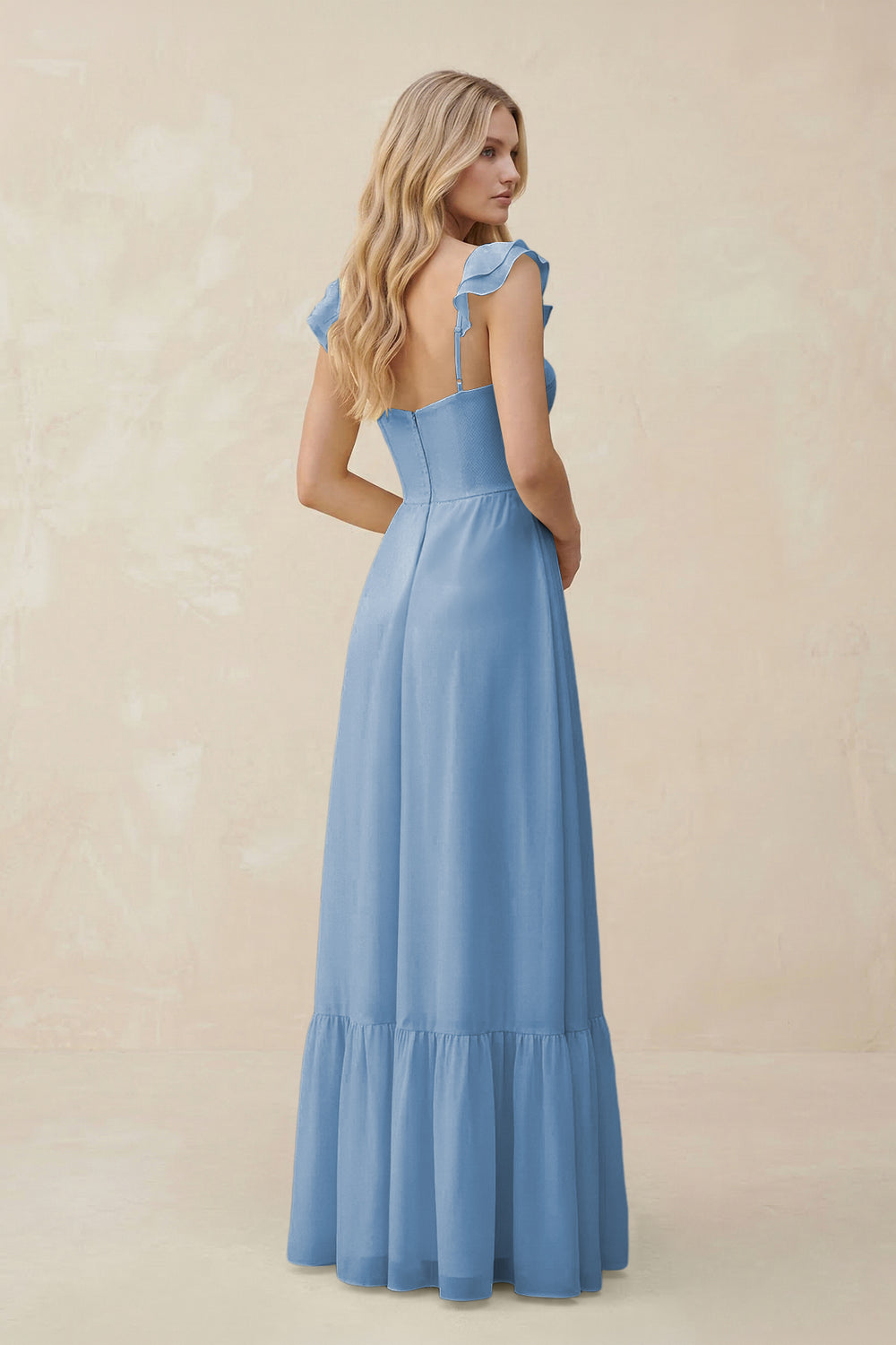 Sweetheart Ruffled Sleeve A-Line Chiffon Bridesmaid Dress in Steel Blue