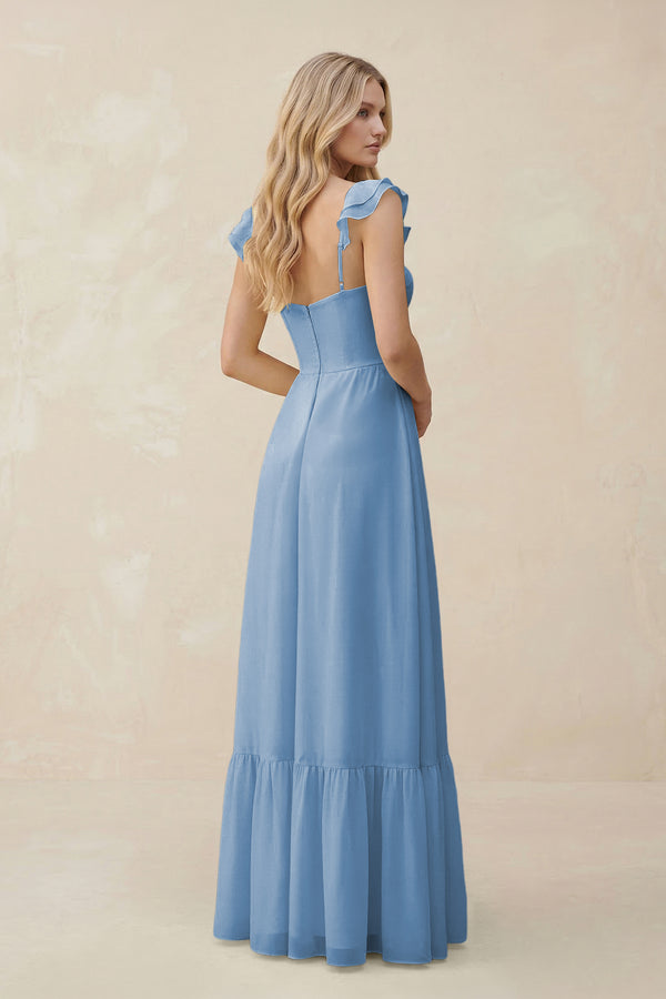 Sweetheart Ruffled Sleeve A-Line Chiffon Bridesmaid Dress in Steel Blue (2) | KISSBRIDAL
