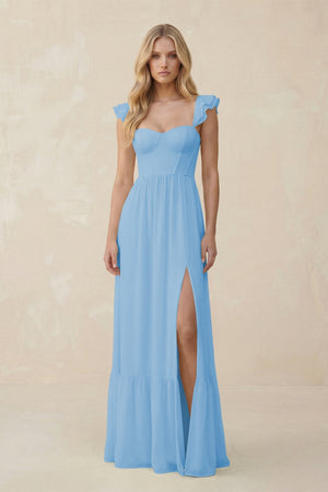 Sweetheart Ruffled Sleeve A - Line Chiffon Bridesmaid Dress in Steel Blue - SHE IS ME Bridesmaid Dresses