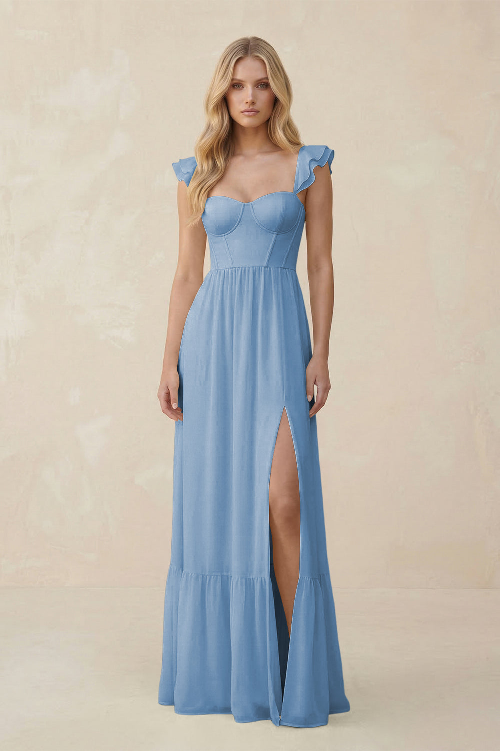 Sweetheart Ruffled Sleeve A-Line Chiffon Bridesmaid Dress in Steel Blue