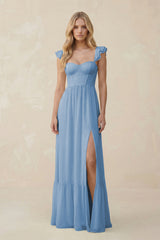 Sweetheart Ruffled Sleeve A-Line Chiffon Bridesmaid Dress in Steel Blue | KISSBRIDAL