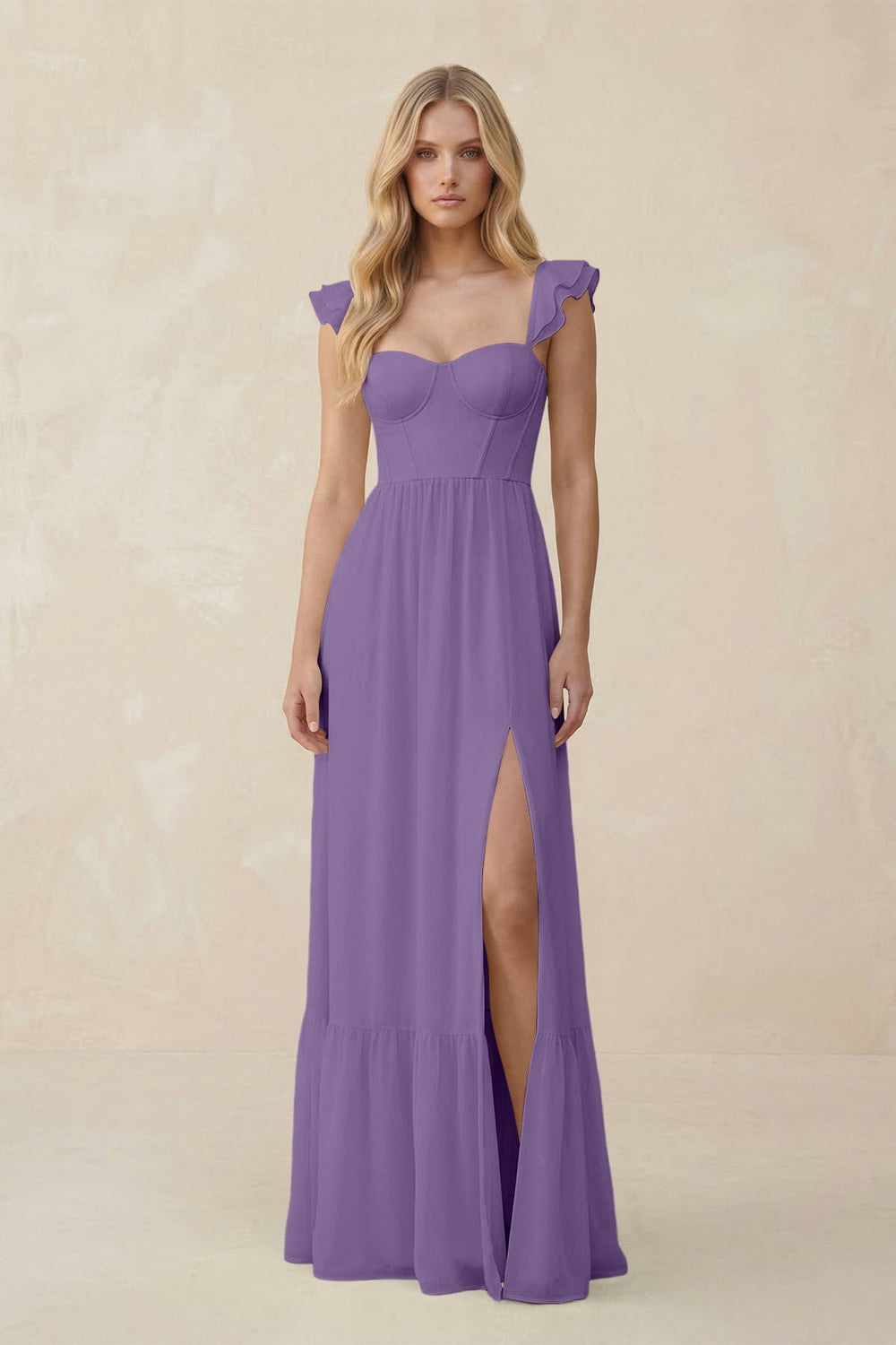 Sweetheart Ruffled Sleeve A - Line Chiffon Bridesmaid Dress in Tahiti - KISS BRIDAL Bridesmaid Dresses
