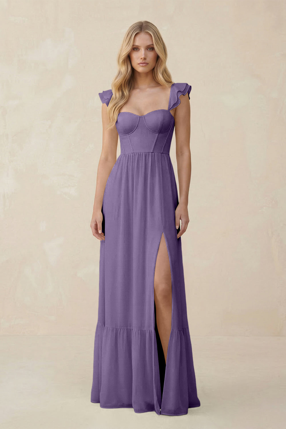 Sweetheart Ruffled Sleeve A-Line Chiffon Bridesmaid Dress in Tahiti