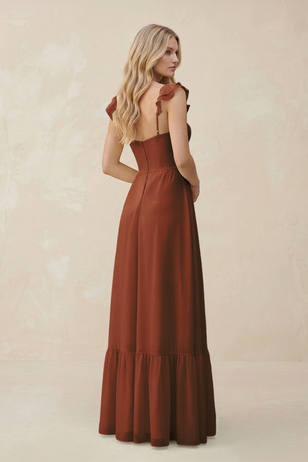 Sweetheart Ruffled Sleeve A-Line Chiffon Bridesmaid Dress in Terracotta