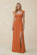 Sweetheart Ruffled Sleeve A - Line Chiffon Bridesmaid Dress in Terracotta - SHE IS ME Bridesmaid Dresses