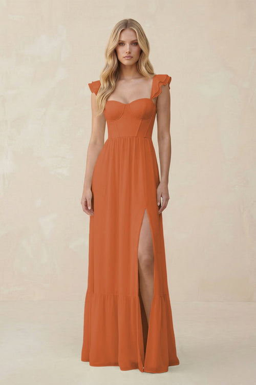 Sweetheart Ruffled Sleeve A - Line Chiffon Bridesmaid Dress in Terracotta - SHE IS ME Bridesmaid Dresses
