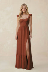 Sweetheart Ruffled Sleeve A-Line Chiffon Bridesmaid Dress in Terracotta | KISSBRIDAL