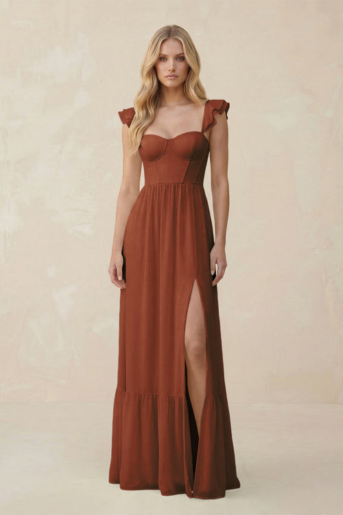 Sweetheart Ruffled Sleeve A-Line Chiffon Bridesmaid Dress in Terracotta | KISSBRIDAL