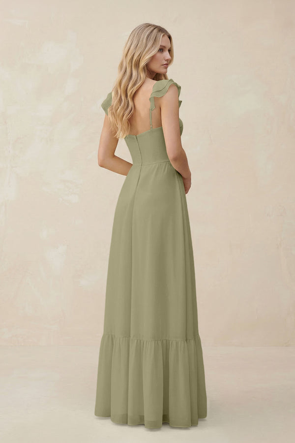 Sweetheart Ruffled Sleeve A - Line Chiffon Bridesmaid Dress in Thyme - SHE IS ME Bridesmaid Dresses