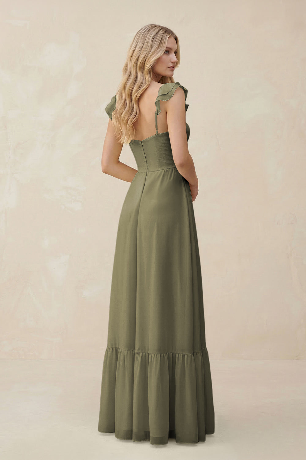 Sweetheart Ruffled Sleeve A-Line Chiffon Bridesmaid Dress in Thyme