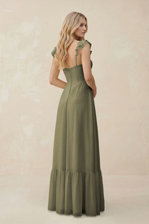 Sweetheart Ruffled Sleeve A-Line Chiffon Bridesmaid Dress in Thyme (2) | KISSBRIDAL
