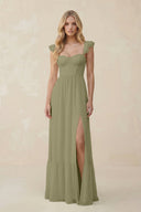 Sweetheart Ruffled Sleeve A - Line Chiffon Bridesmaid Dress in Thyme - SHE IS ME Bridesmaid Dresses
