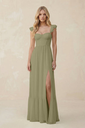 Sweetheart Ruffled Sleeve A - Line Chiffon Bridesmaid Dress in Thyme - SHE IS ME Bridesmaid Dresses