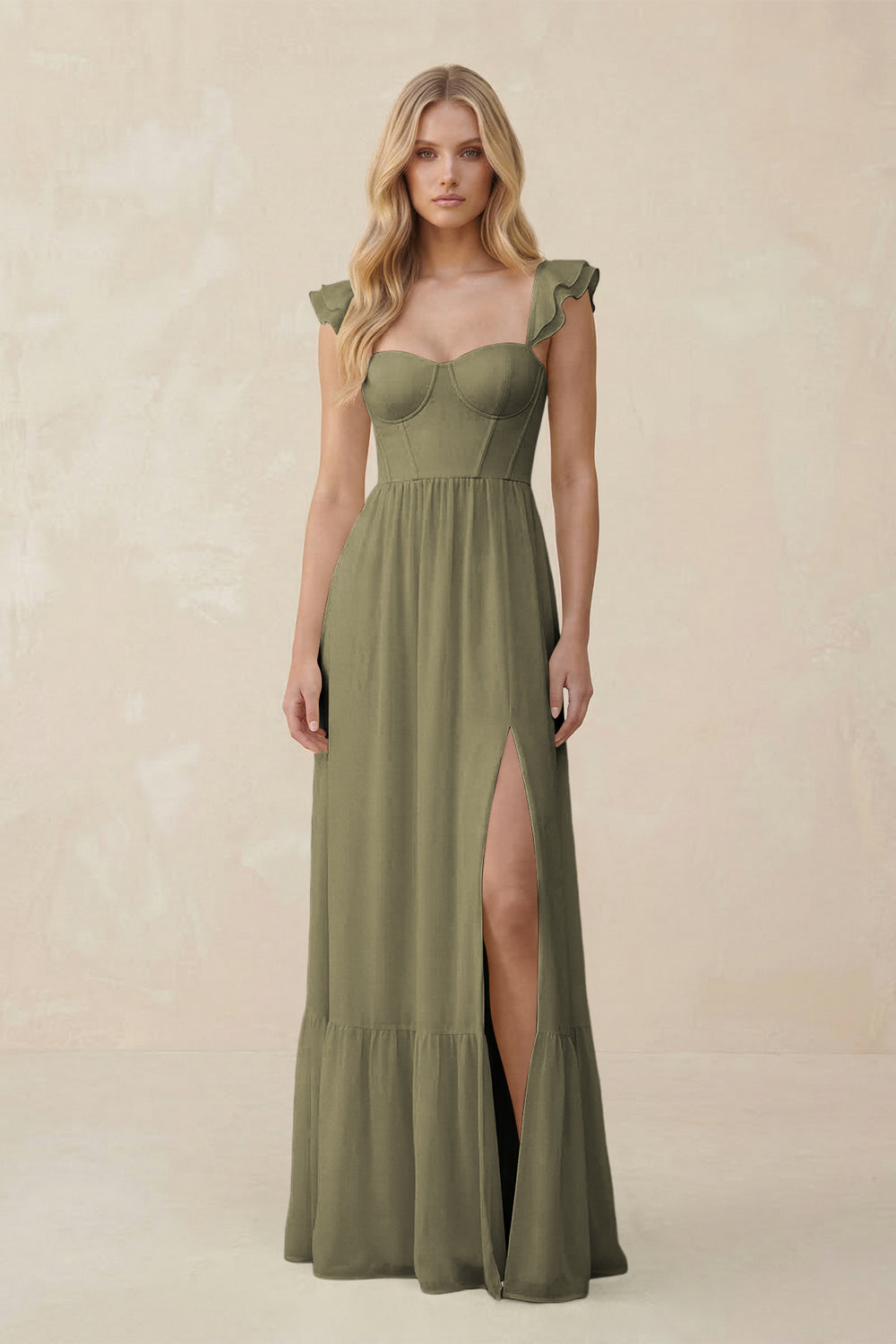Sweetheart Ruffled Sleeve A-Line Chiffon Bridesmaid Dress in Thyme