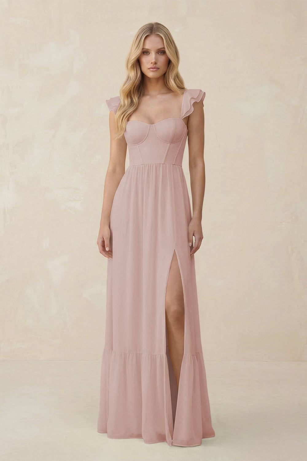 Sweetheart Ruffled Sleeve A - Line Chiffon Bridesmaid Dress in Toffee - KISS BRIDAL Bridesmaid Dresses