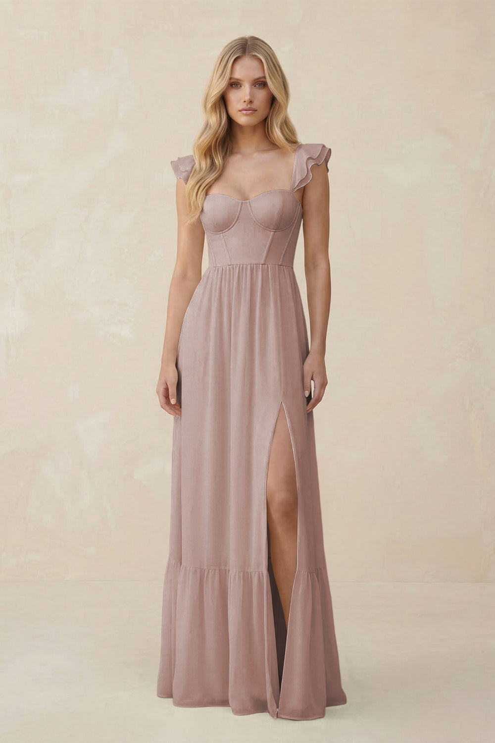 Sweetheart Ruffled Sleeve A-Line Chiffon Bridesmaid Dress in Toffee