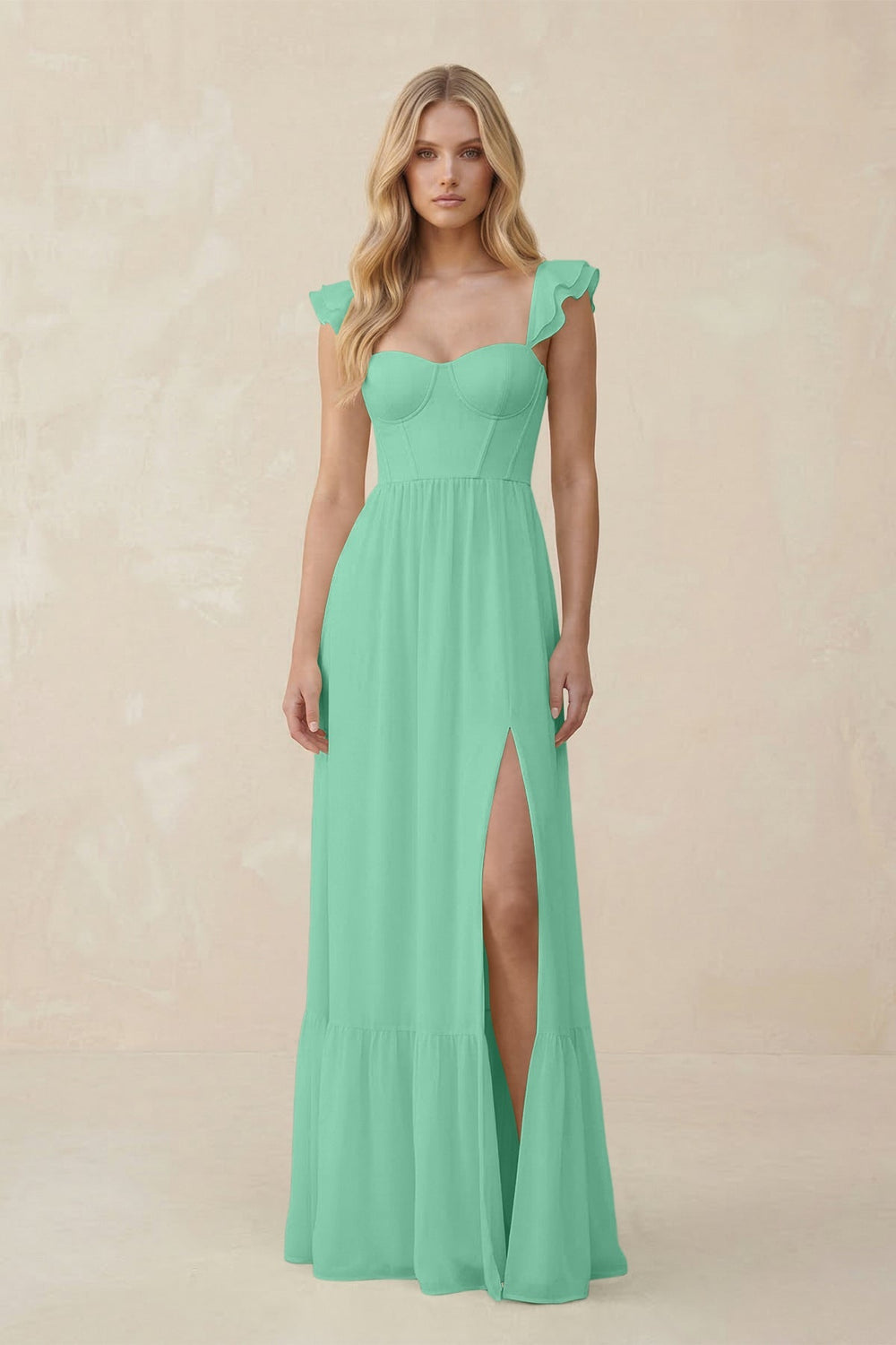 Sweetheart Ruffled Sleeve A - Line Chiffon Bridesmaid Dress in Turquoise - KISS BRIDAL Bridesmaid Dresses