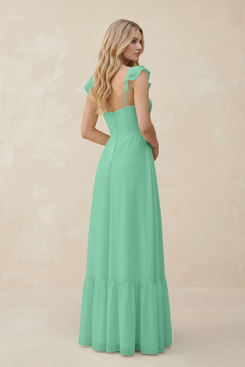Sweetheart Ruffled Sleeve A - Line Chiffon Bridesmaid Dress in Turquoise - KISS BRIDAL Bridesmaid Dresses