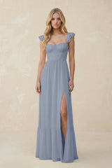 Sweetheart Ruffled Sleeve A - Line Chiffon Bridesmaid Dress in Twilight - KISS BRIDAL Bridesmaid Dresses
