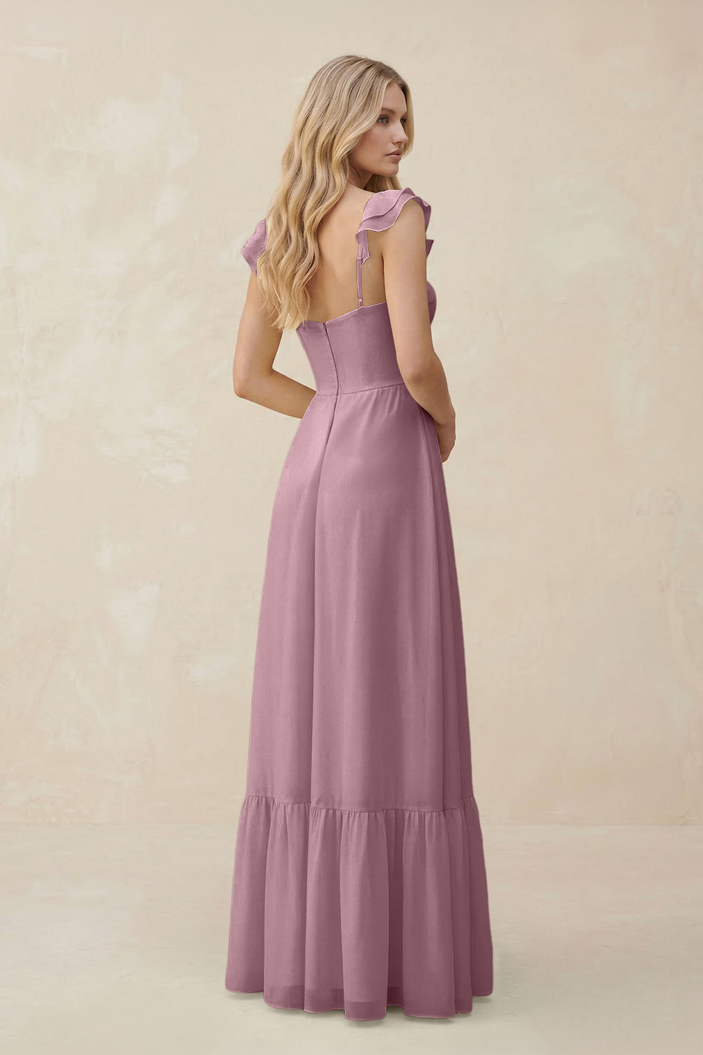 Sweetheart Ruffled Sleeve A-Line Chiffon Bridesmaid Dress in Vintage Mauve