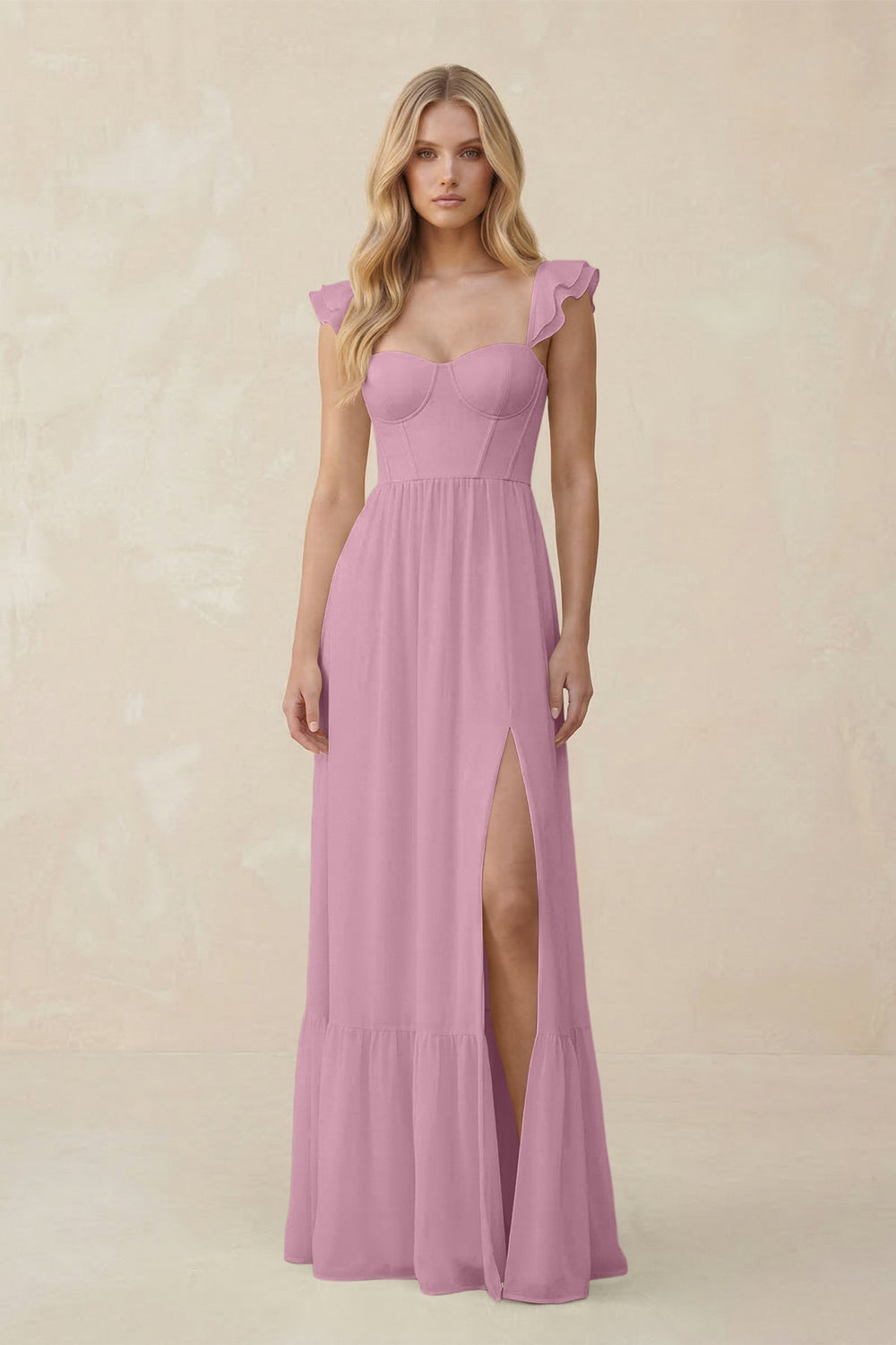 Sweetheart Ruffled Sleeve A - Line Chiffon Bridesmaid Dress in Vintage Mauve - KISS BRIDAL Bridesmaid Dresses