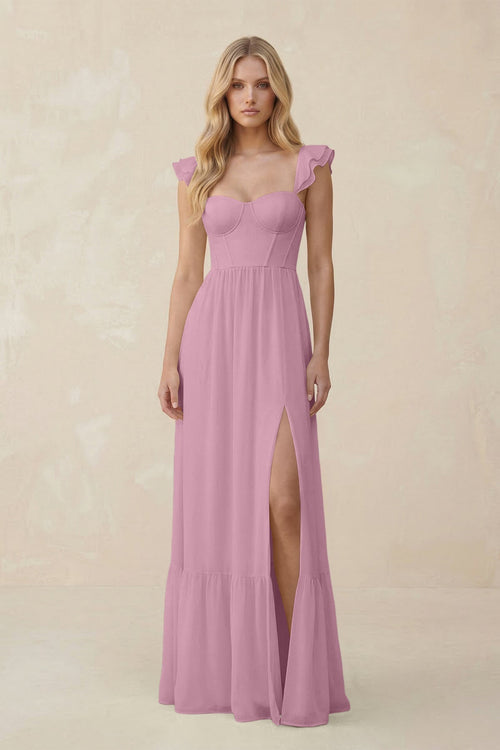 Sweetheart Ruffled Sleeve A - Line Chiffon Bridesmaid Dress in Vintage Mauve - SHE IS ME Bridesmaid Dresses