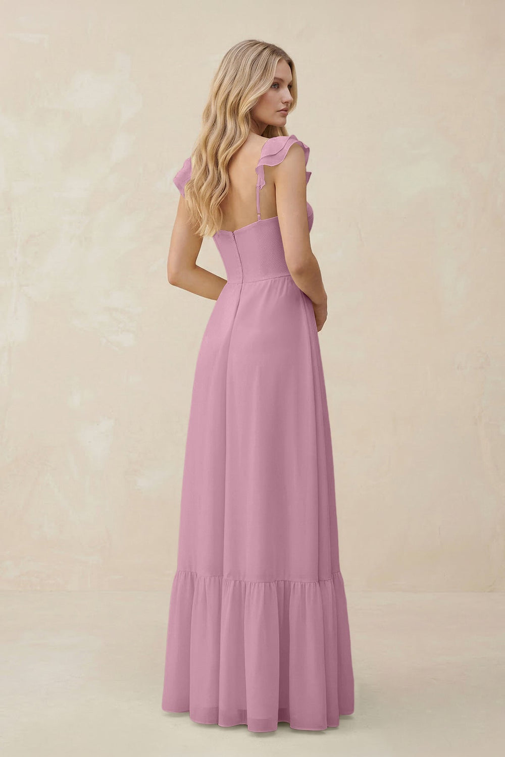 Sweetheart Ruffled Sleeve A - Line Chiffon Bridesmaid Dress in Vintage Mauve - KISS BRIDAL Bridesmaid Dresses
