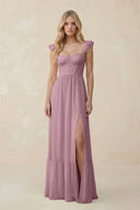 Sweetheart Ruffled Sleeve A-Line Chiffon Bridesmaid Dress in Vintage Mauve | KISSBRIDAL