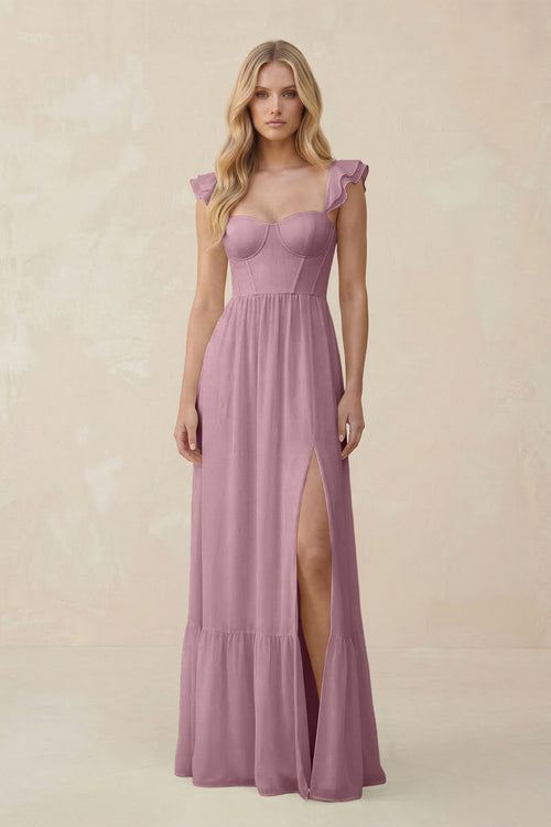 Sweetheart Ruffled Sleeve A-Line Chiffon Bridesmaid Dress in Vintage Mauve | KISSBRIDAL