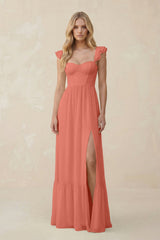 Sweetheart Ruffled Sleeve A - Line Chiffon Bridesmaid Dress in Wild Rose - KISS BRIDAL Bridesmaid Dresses