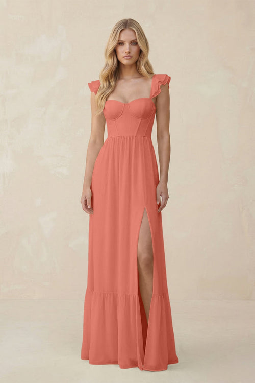 Sweetheart Ruffled Sleeve A - Line Chiffon Bridesmaid Dress in Wild Rose - SHE IS ME Bridesmaid Dresses
