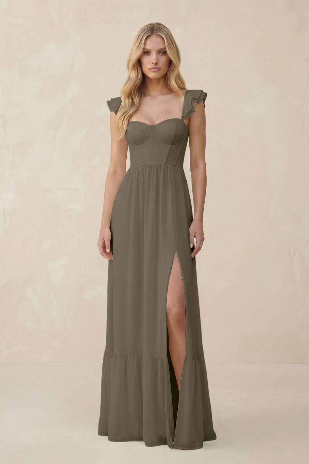 Sweetheart Ruffled Sleeve A - Line Chiffon Bridesmaid Dress in Willow Green - KISS BRIDAL Bridesmaid Dresses