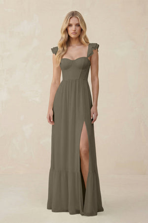 Sweetheart Ruffled Sleeve A - Line Chiffon Bridesmaid Dress in Willow Green - SHE IS ME Bridesmaid Dresses