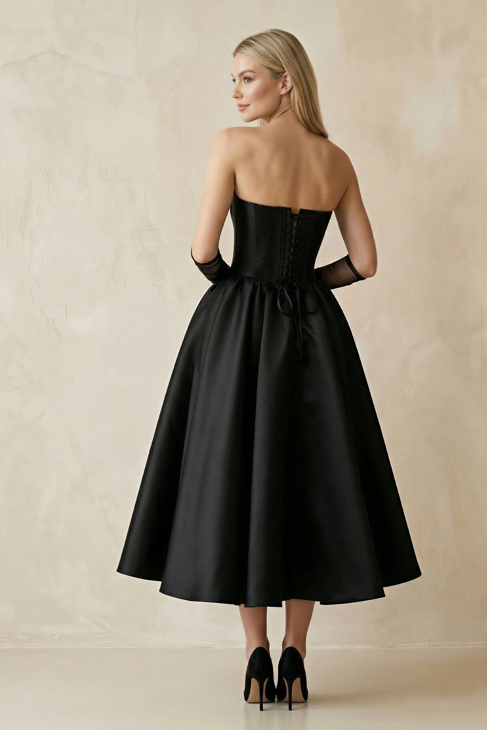 Sweetheart Satin A - Line Midi Wedding Dress With Sleeves in Black - KISS BRIDAL Wedding Dresses