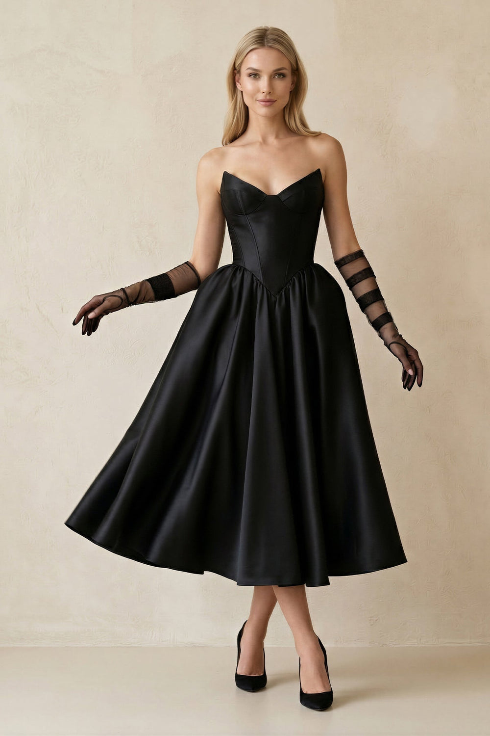 Sweetheart Satin A - Line Midi Wedding Dress With Sleeves in Black - KISS BRIDAL Wedding Dresses