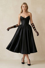 Sweetheart Satin A - Line Midi Wedding Dress With Sleeves in Black - KISS BRIDAL Wedding Dresses