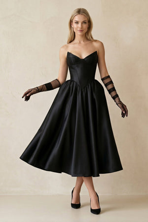 Sweetheart Satin A - Line Midi Wedding Dress With Sleeves in Black - SHE IS ME Wedding Dresses