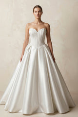Sweetheart Satin Ball Gown Corset Wedding Dress in White - KISS BRIDAL Wedding Dresses