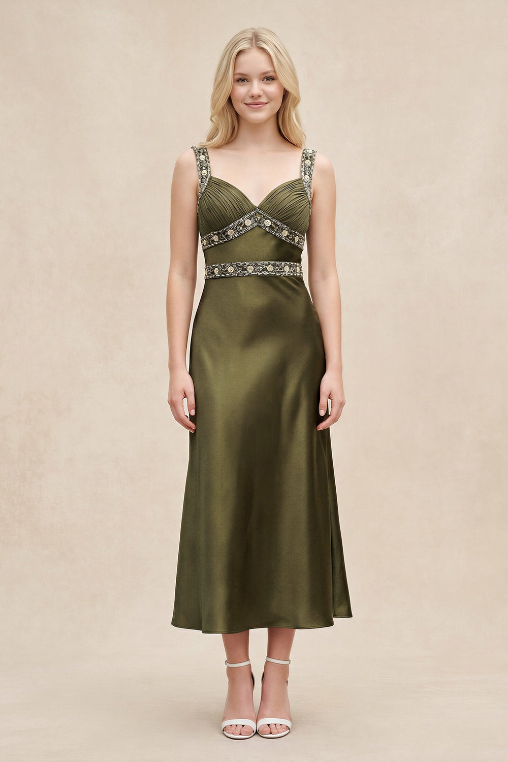 Sweetheart Satin Pleated Sheath Rhinestone Midi Dress in Olive – KISS BRIDAL Dresses
