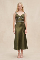 Sweetheart Satin Pleated Sheath Rhinestone Midi Dress in Olive – KISS BRIDAL