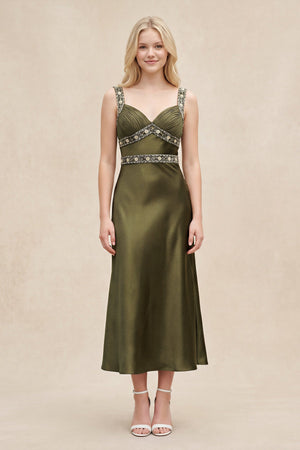 Sweetheart Satin Pleated Sheath Rhinestone Midi Dress in Olive – SHE IS ME Dresses