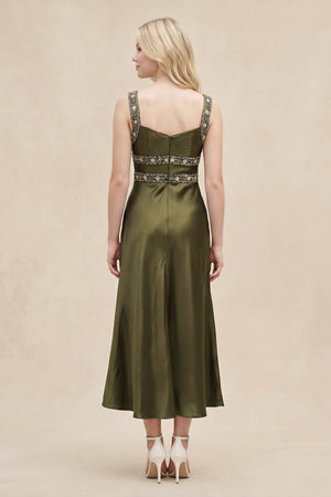 Sweetheart Satin Pleated Sheath Rhinestone Midi Dress in Olive – SHE IS ME Dresses