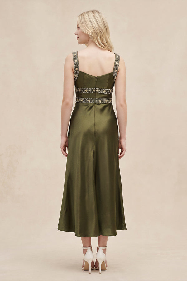 Sweetheart Satin Pleated Sheath Rhinestone Midi Dress in Olive – SHE IS ME Dresses