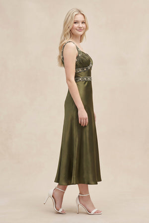 Sweetheart Satin Pleated Sheath Rhinestone Midi Dress in Olive – SHE IS ME Dresses