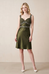 Sweetheart Satin Sheath Mini Dress with Rhinestone in Olive – KISS BRIDAL Dresses