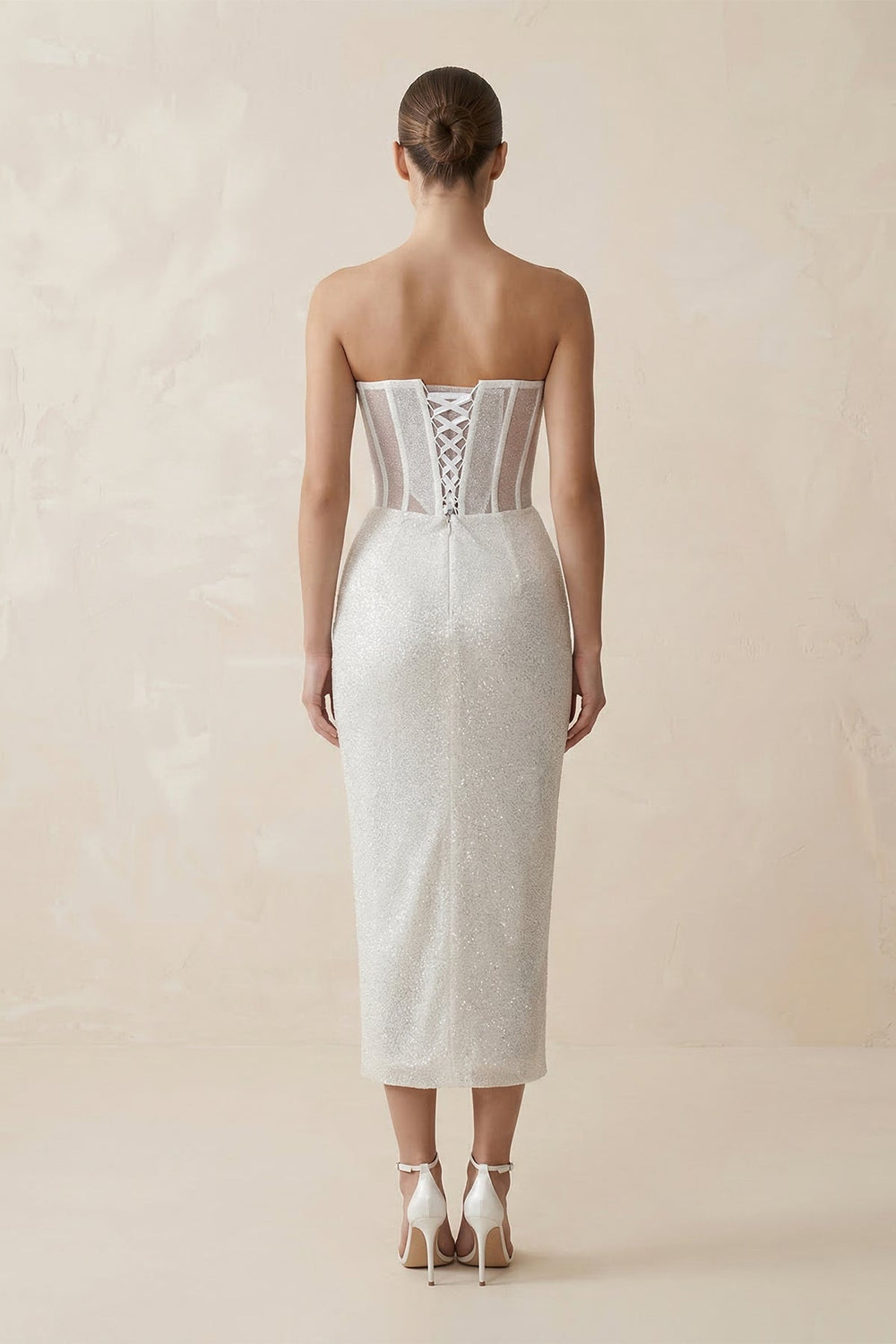 Sweetheart Sheath Sequined Corset Wedding Dress in White - KISS BRIDAL Wedding Dresses