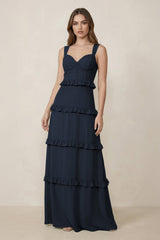 Sweetheart Tiered A - Line Chiffon Bridesmaid Dress in Dark Navy - KISS BRIDAL Bridesmaid Dresses